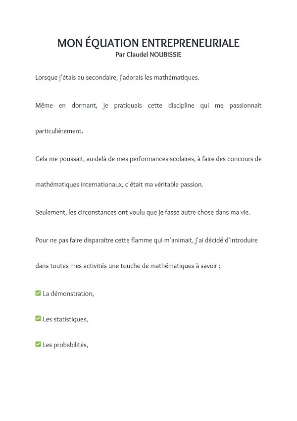 Mon équation entrepreneuriale