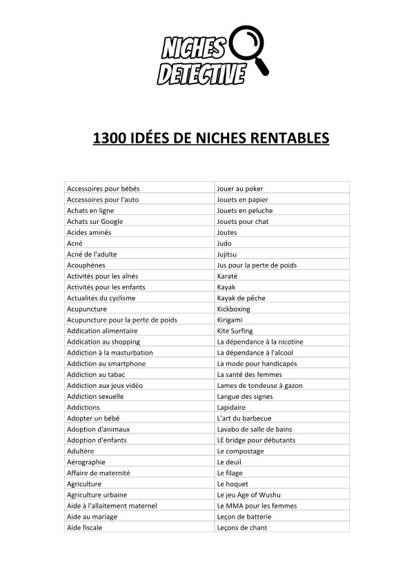 1300 IDÉES DE NICHES RENTABLES